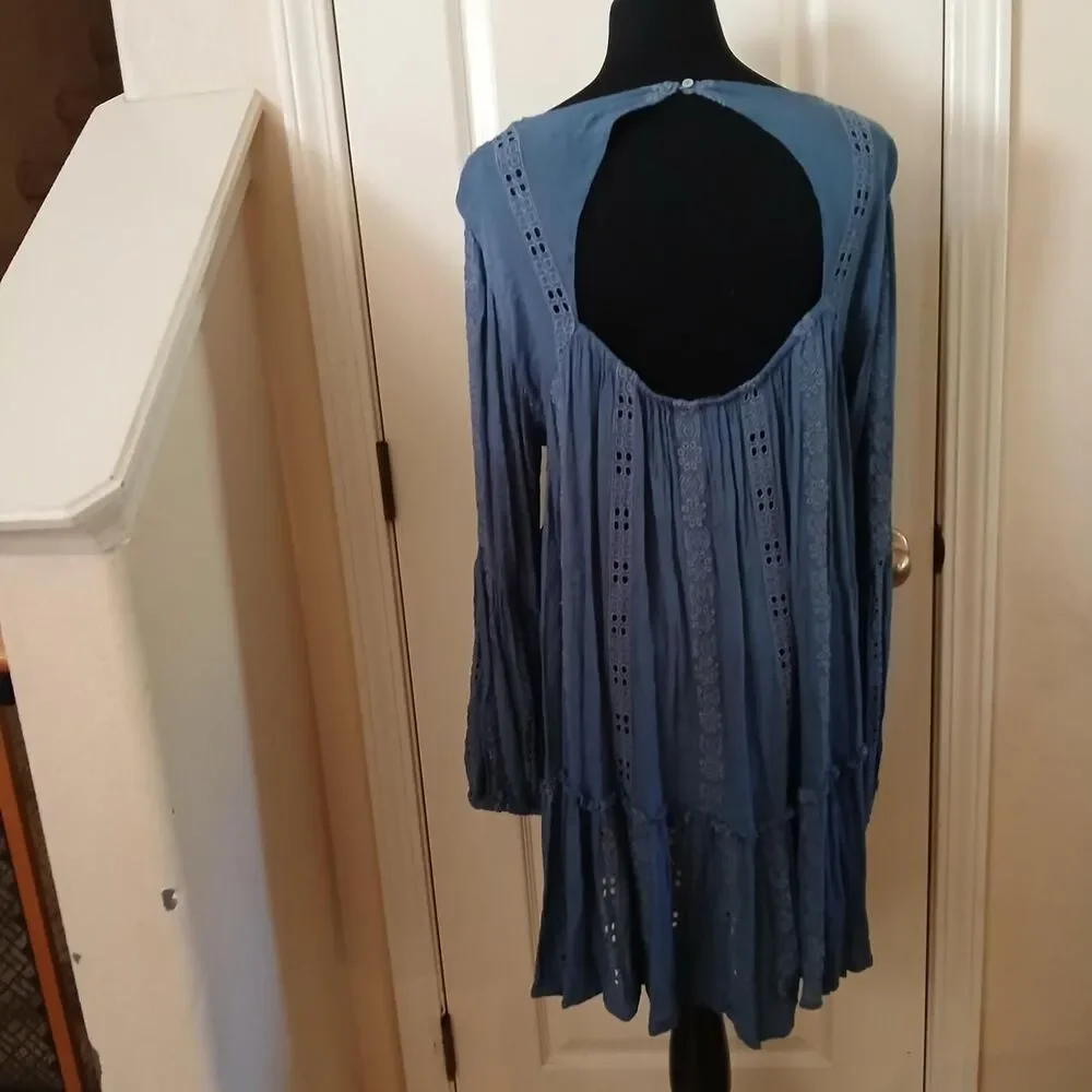 Free People Kiss Kiss Blue Embroidered Lace Tunic Dress L Boho Festival Fairy